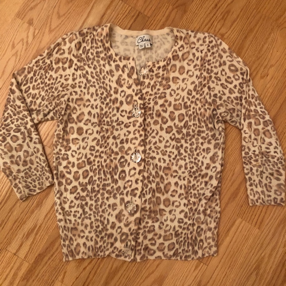 Nordstrom Silk Leopard cardi w/ diamond buttons